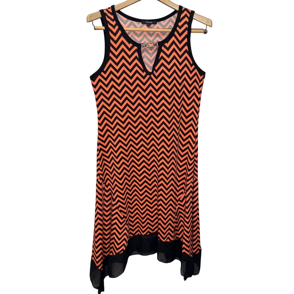 Women Chevron Knit Dress S Orange Black Handkerchief Hem Sleeveless Vacay Casual
